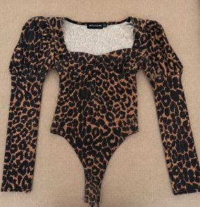 Leopard Print Peplum Long Sleeve Bodysuit