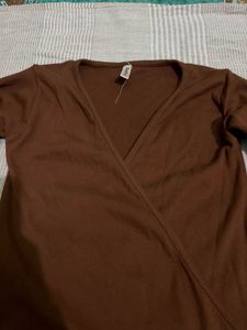 Brown V-Neck Wrap Top
