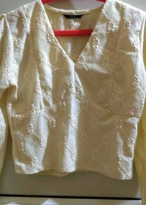 Pale Yellow Textured Puff Sleeve Crop Top