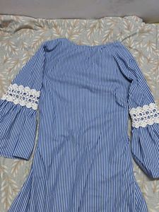 Striped Blue Dress with Lace Detail