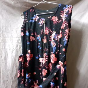 Black Floral Printed Front Slit Women Kurti Dress