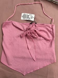 Pink Textured Halter Neck Crop Top