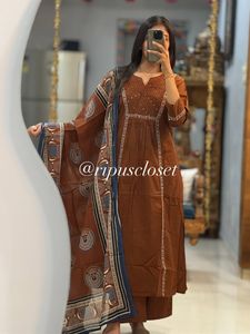 Brown Embroidered Kurta Set with Dupatta