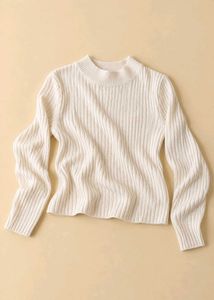 IVORY CREAM RIBBED HIGH-NECK FITTED SWEATER