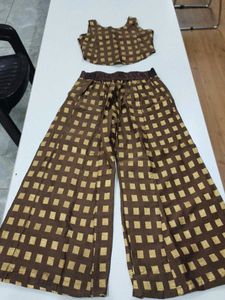 Ethnic Brown Checked Crop Top & Palazzo Set
