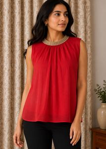 Red Embellished Neckline Sleeveless Blouse