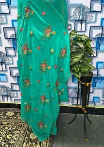 Elegant Teal Embroidered Saree Sea green