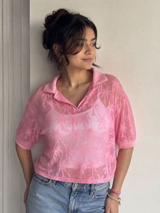 Pink Palm Tree Mesh Knit Polo Top