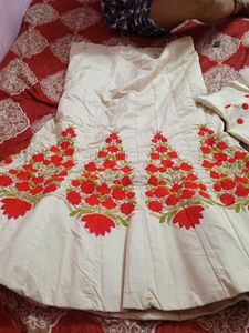 Cream Lehenga with Red Floral Embroidery