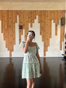 Open back Poplin Light Green Floral midi Dress