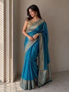 Stunning Teal Saree with Golden Blouse