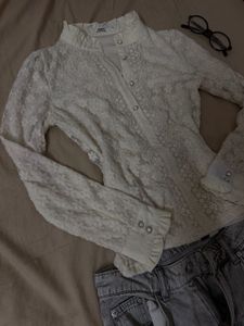 Cream Lace Button-Up Blouse