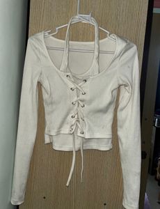 Cream Lace-Up Ribbed Crop Top