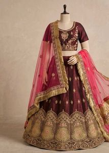 Embroidered Maroon Lehenga Choli with Pink Dupatta