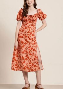 Floral Print Puff Sleeve Midi Dress