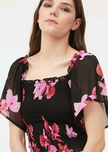 HARPA Black Floral Smocked Fitted Crop Top