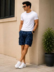 Men's Blue Printed Cargo Shorts