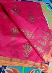 Vibrant Pink Silk Saree with Gold Print