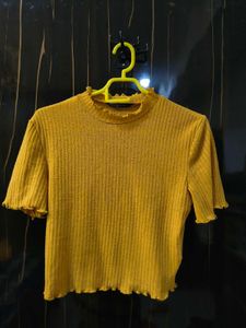 Mustard Yellow Ribbed Mock Neck Top