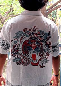 vintage Dragon Print White Short Sleeve Shirt