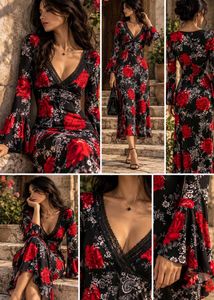6329. Black Floral Print Bell Sleeve Dress