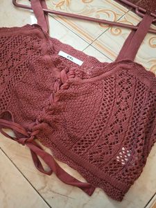 Maroon Cute Crocheted Lace-Up Crop Top