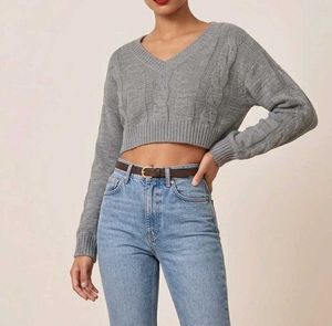Grey Cable Knit V-Neck Off Shoulder  Sweater