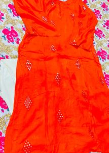 Bright Orange Mirror Work Kurta Set