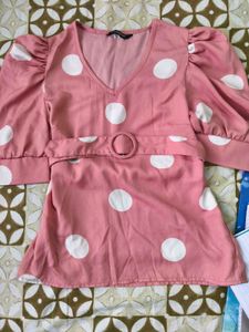 Pink Polka Dot Puff Sleeve Top with Belt