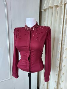 Beaded Collar Long Sleeve Top