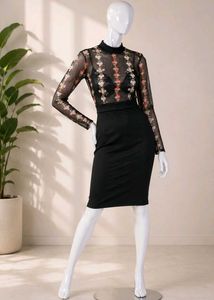 Sheer Floral Embellished Mock Neck Dress
