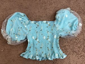 Blue Floral Mesh Sleeve Puff Top