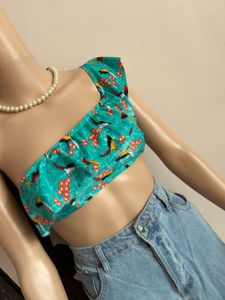 Teal Bird Print One Shoulder Bikini Top