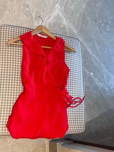 Chic Red Ruffle Wrap Top