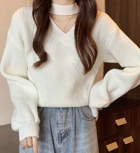 Chic White Knit Sweater with Cut-out Neck