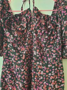 Floral Midi Dress - Puff Sleeves &amp; Tie Back