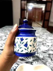 Set of 2 Blue Floral Ceramic Jars with Tray