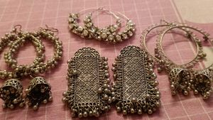 4 set Bohemian Silver Tone Jhumka &amp; Hoop Earrings