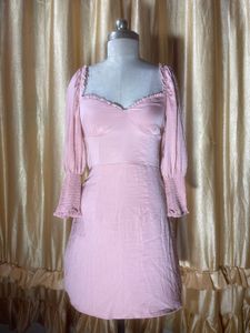 Pink Smocked Sleeve Sweetheart Neck Dress