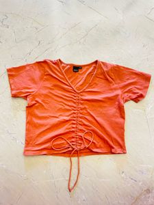 Orange Ruched Drawstring Crop Top