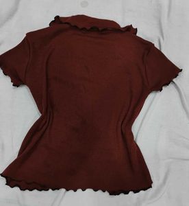 Brown Collar Pico Crop Top Short Sleeves