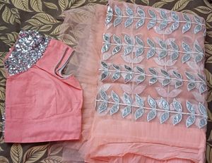 Designer Peach Color Frill Saree With Gota Work