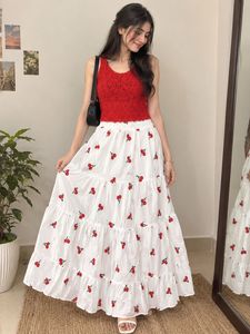 Crochet top with cherry print skirt 🍒