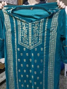 Teal Velvet Kurta with Gold print