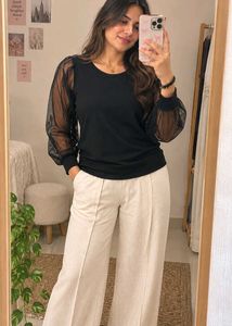 Chic Black Top with Sheer Sleeves