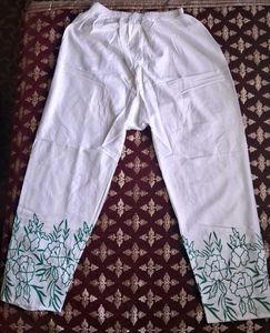 White Palazzo with Green Floral Embroidery