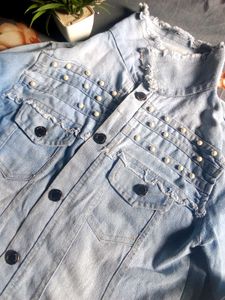 Stylish Pearl Embellished Denim Jacket
