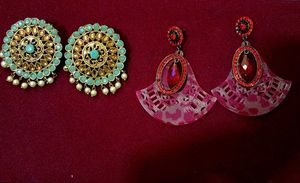 Elegant Gold & Teal Studs + Red Fan Earrings