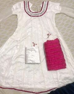 White Suit With Hot Pink Dupatta & White Sulvar
