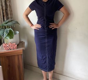 Navy Blue Ruched Midi Dress